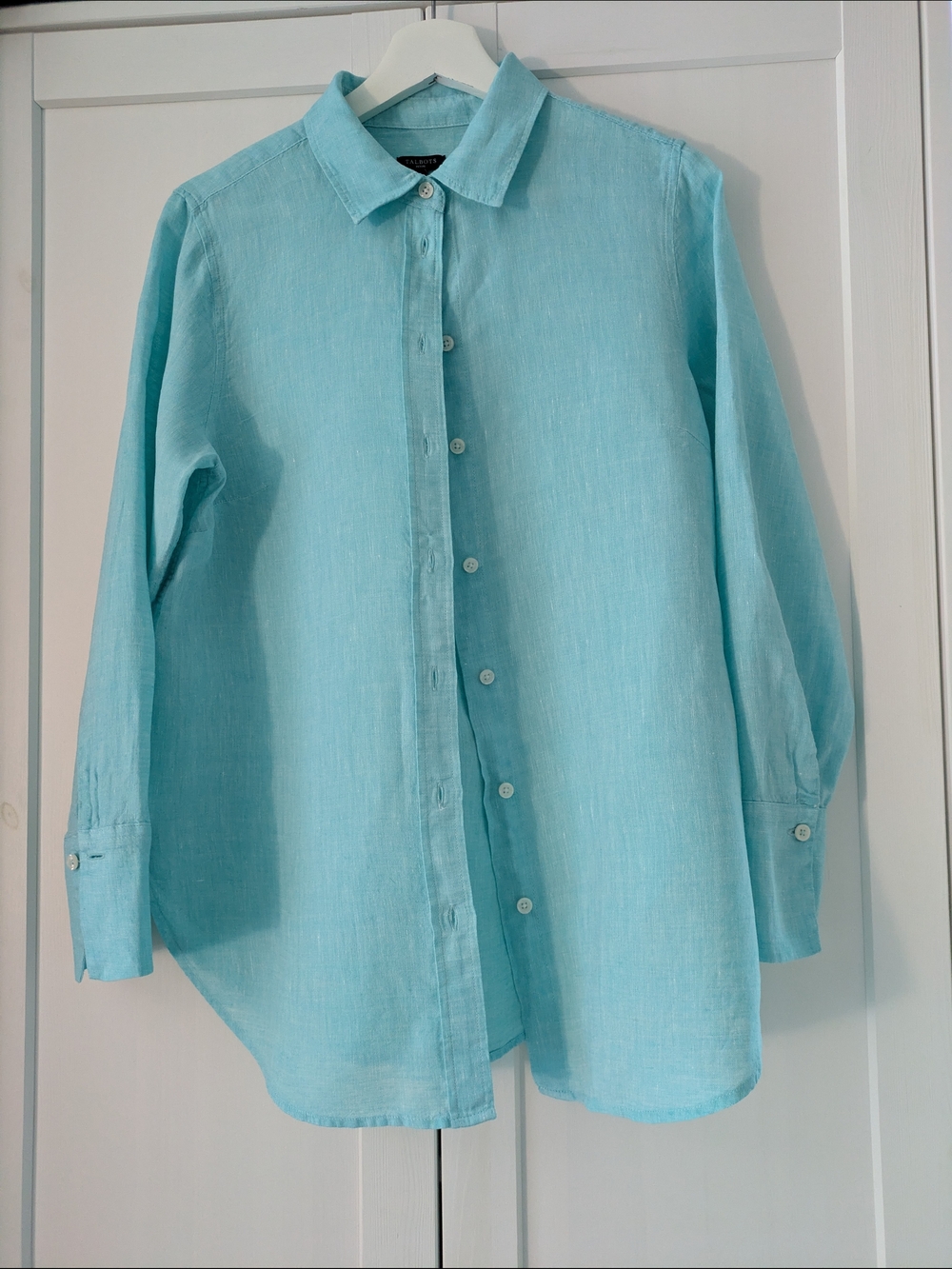 100% Linen Talbots  Light Turquoise Button-Down Shirt Oversized Medium Coastal